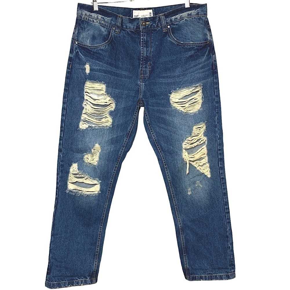 Paper Denim & Cloth Distressed Jeans Straight Men 36 X 30 Blue Med Wash Denim